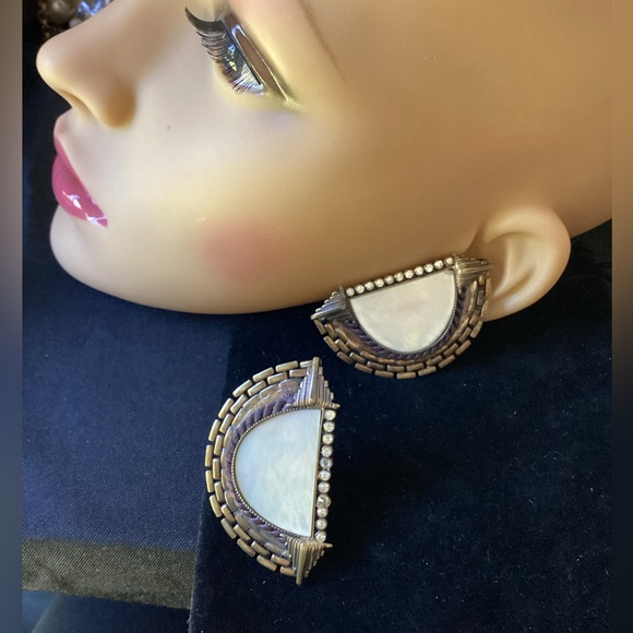 Ermani Bulatti Mother of Pearl Art Deco Clip Earrings (t10) RARE!